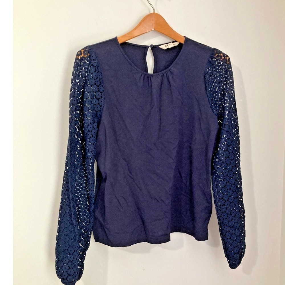 Boden Lace Sleeve Top Womens 10 Navy Blue Whimsical Core Shear Fantasy Loose